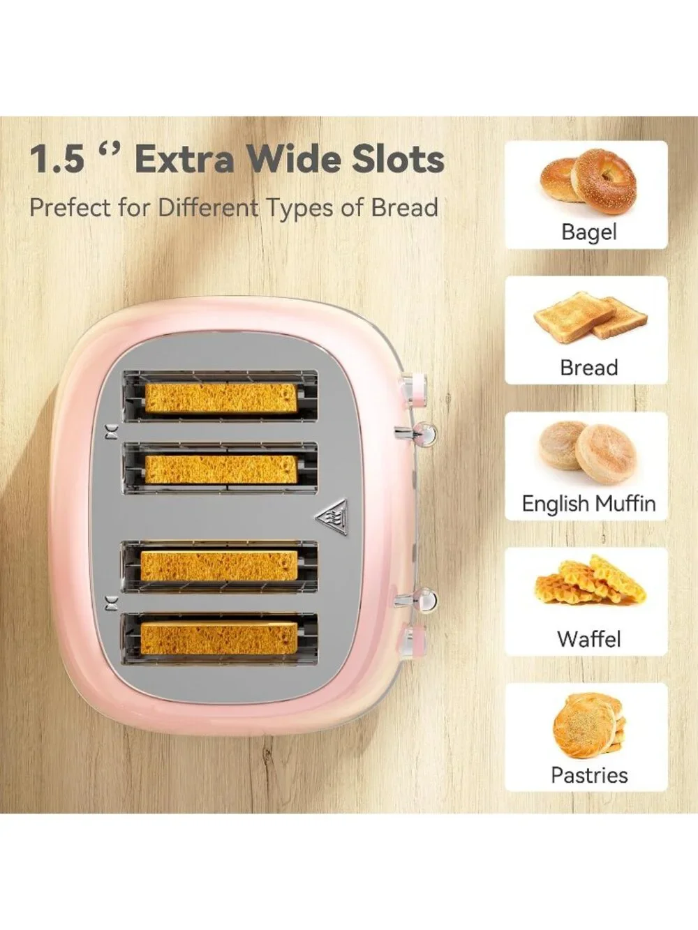 4 Slice Pink Retro Stainless with 6 Bread Shade Settings 1.5''Wide Slots Toaster
